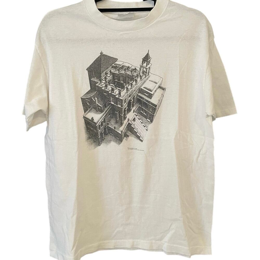 Vintage 80s M.C. Escher 1987 Ascending and Descending Art Single Stitch Shirt L